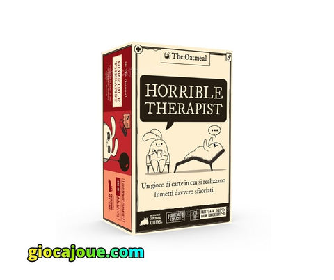 Horrible Therapist, party game di umorismo nero, vista frontale della scatola, in vendita da giocajoue.com