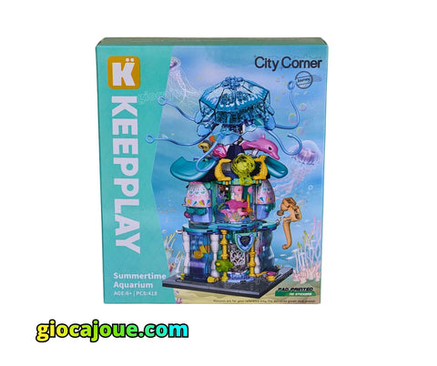 Keeppley: City Corner - Acquario Estivo, mattoncini compatibili Lego, vista frontale della scatola.